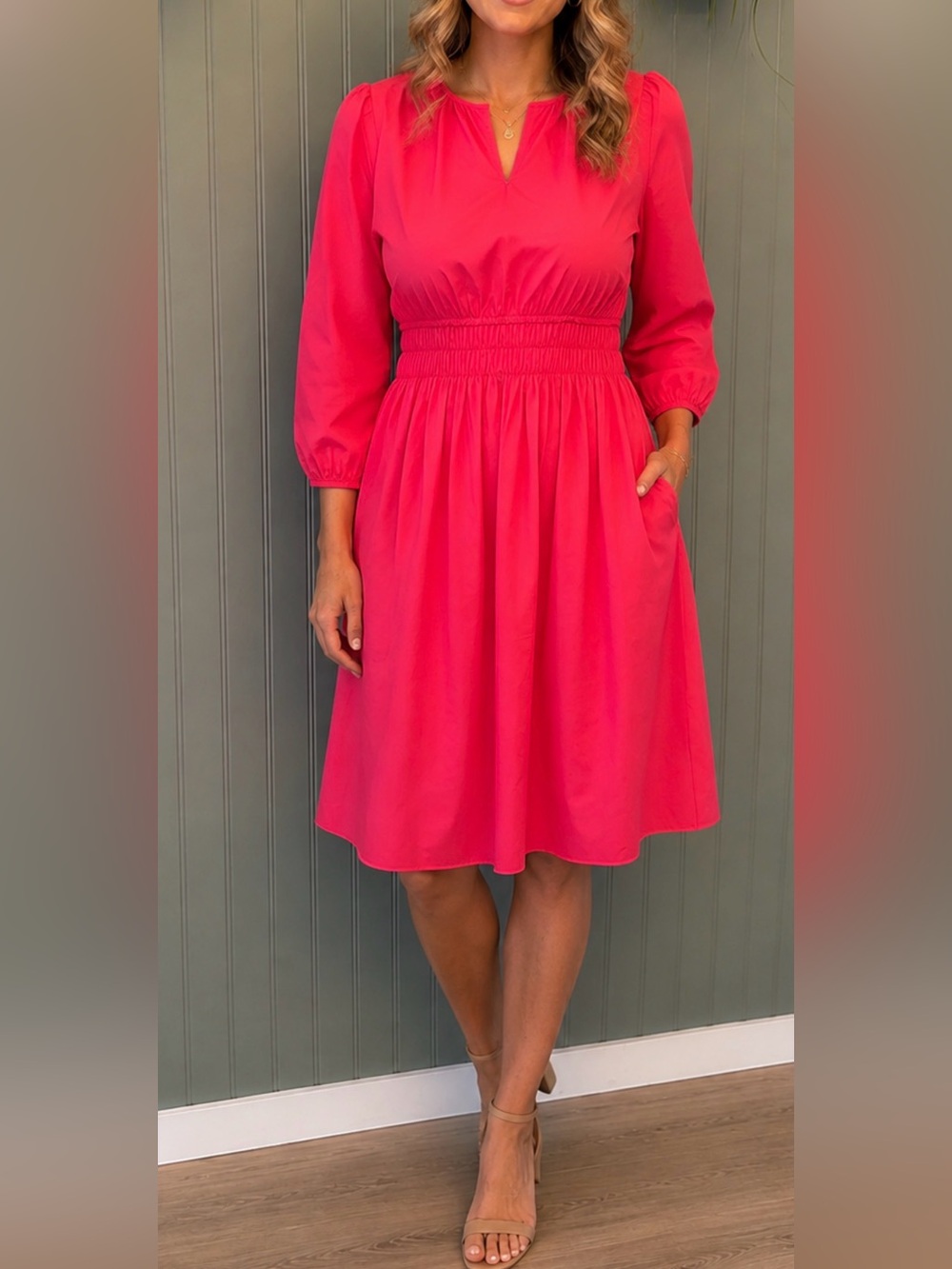 Talbots Shirred-Waist Pink midi Dress -cotton poplin - like new Gorgeous - 10